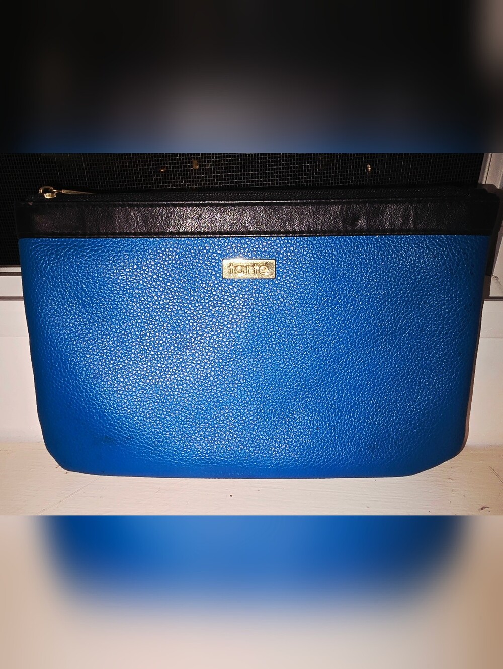 Tarte Teal Blue and Black Zip Pouch with Gold Logo Plate